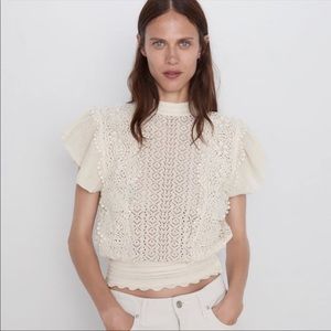 Zara Mock Neck Ivory Crochet and Lace Top